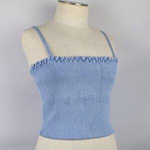 alice + olivia Penelope Tank Crop Smocked Denim Zip Back Leona Light Blue M NWT